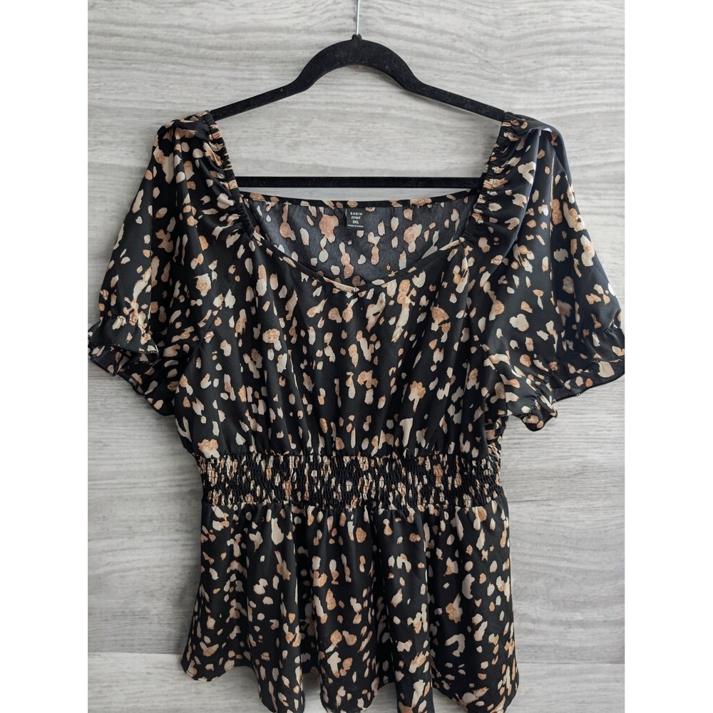 SHEIN CURVE Top Plus Size 3XL XXX Leopard Spotted Square Smocked Shirt Blouse